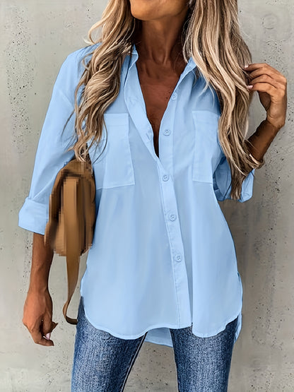 Daniela - Button Front Shirt with Dual Pockets and Long Sleeve for Women