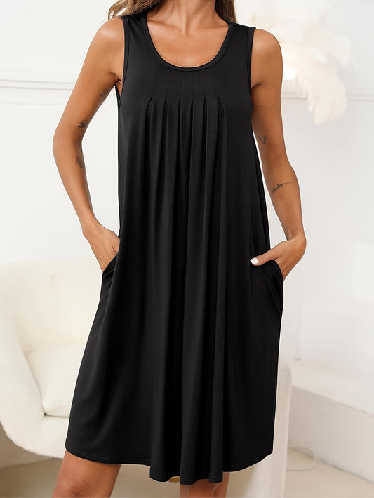 Christina – Sleeveless Pleated Dress with Crew Neck