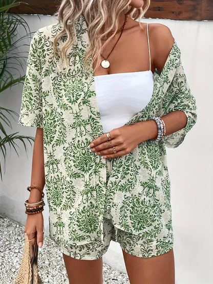 Olivia - Vacation Damask Print Outfit Set with Open Front Short Sleeve Blouse & Drawstring Waist Shorts for Women