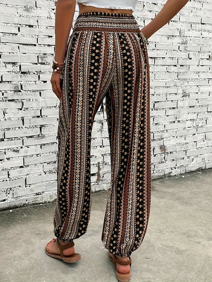 Sophia - High Waist Boho Pants with Tribal Print and Jogger Button Decor for Women