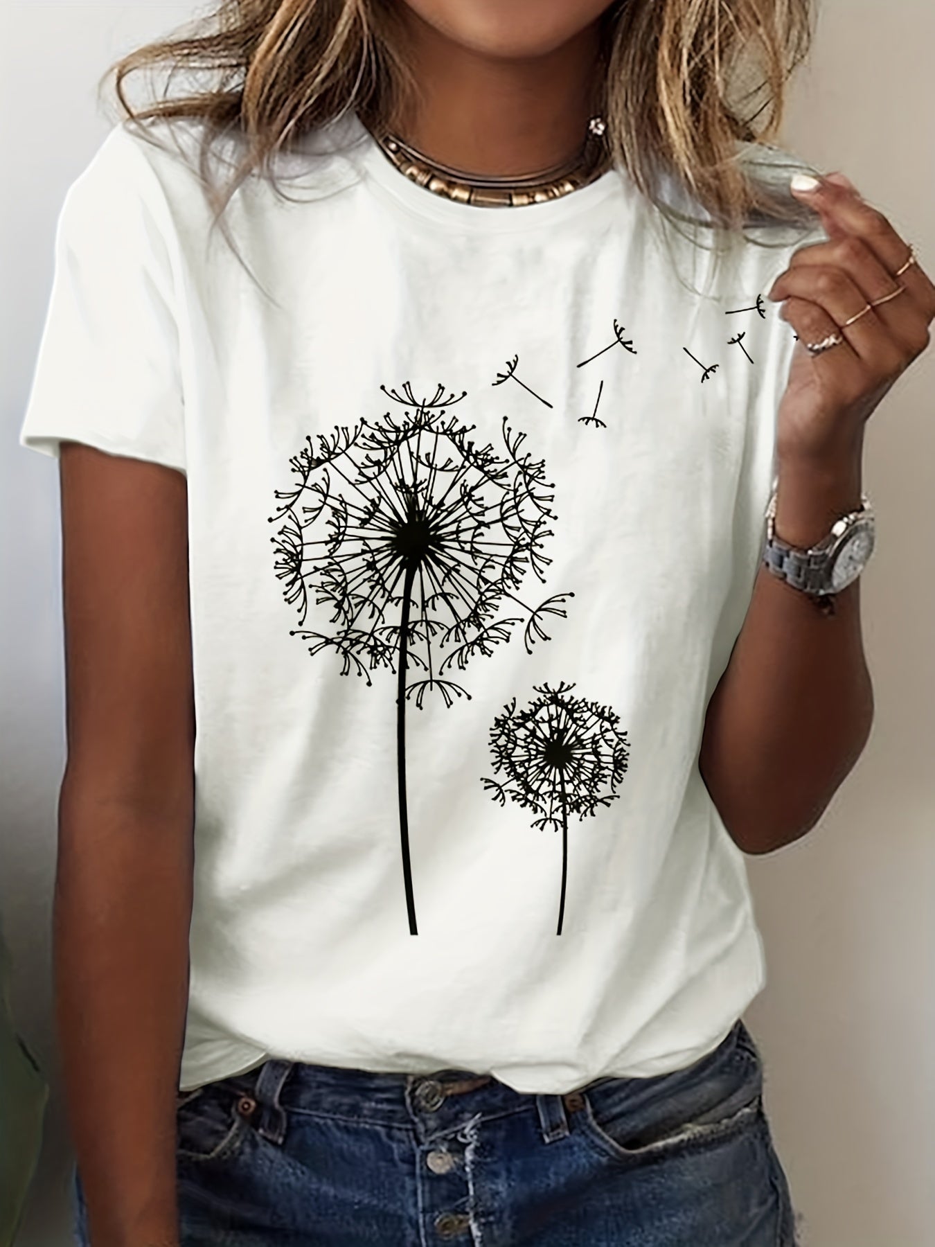 Skylar - Crew Neck T-Shirt with Dandelion Print for Women