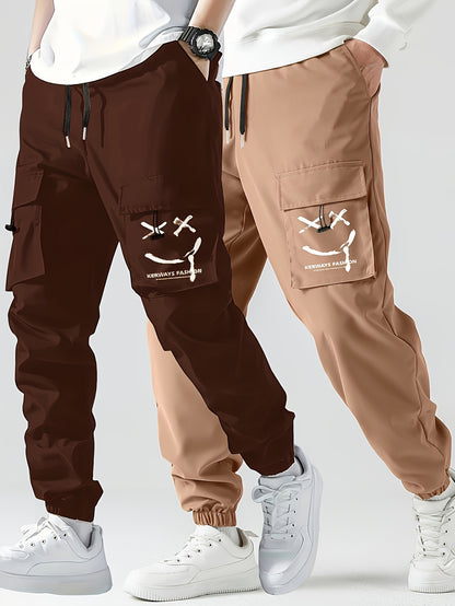 Glenn - 2pcs Stylish Cargo Pants with Smiling Face Print and Multi-Pockets for Men