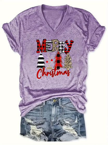 Helena - Casual Short Sleeve T-Shirt with Christmas Print and V Neck for Women