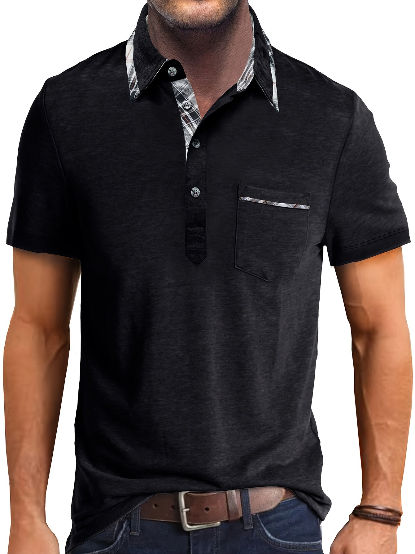 Jordan - Casual Henley Shirt with Plaid Pattern Lapel for Men