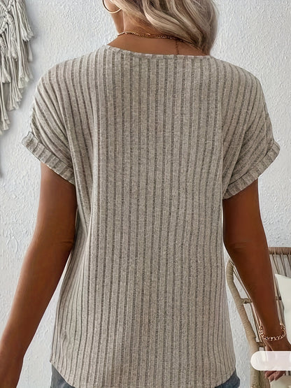 Mikaela - Ribbed Blouse with Short Sleeve and Crew Notched for Women