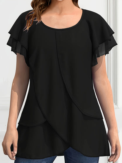 Chanel - Casual Layered Ruffle Sleeve Blouse with Crew Neck for Women