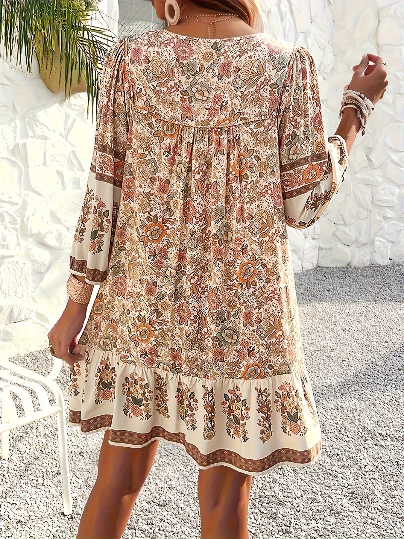 Bethany - Ethnic Floral Print Tie Neck Dress with 3/4 Sleeve and Ruffle Hem for Women