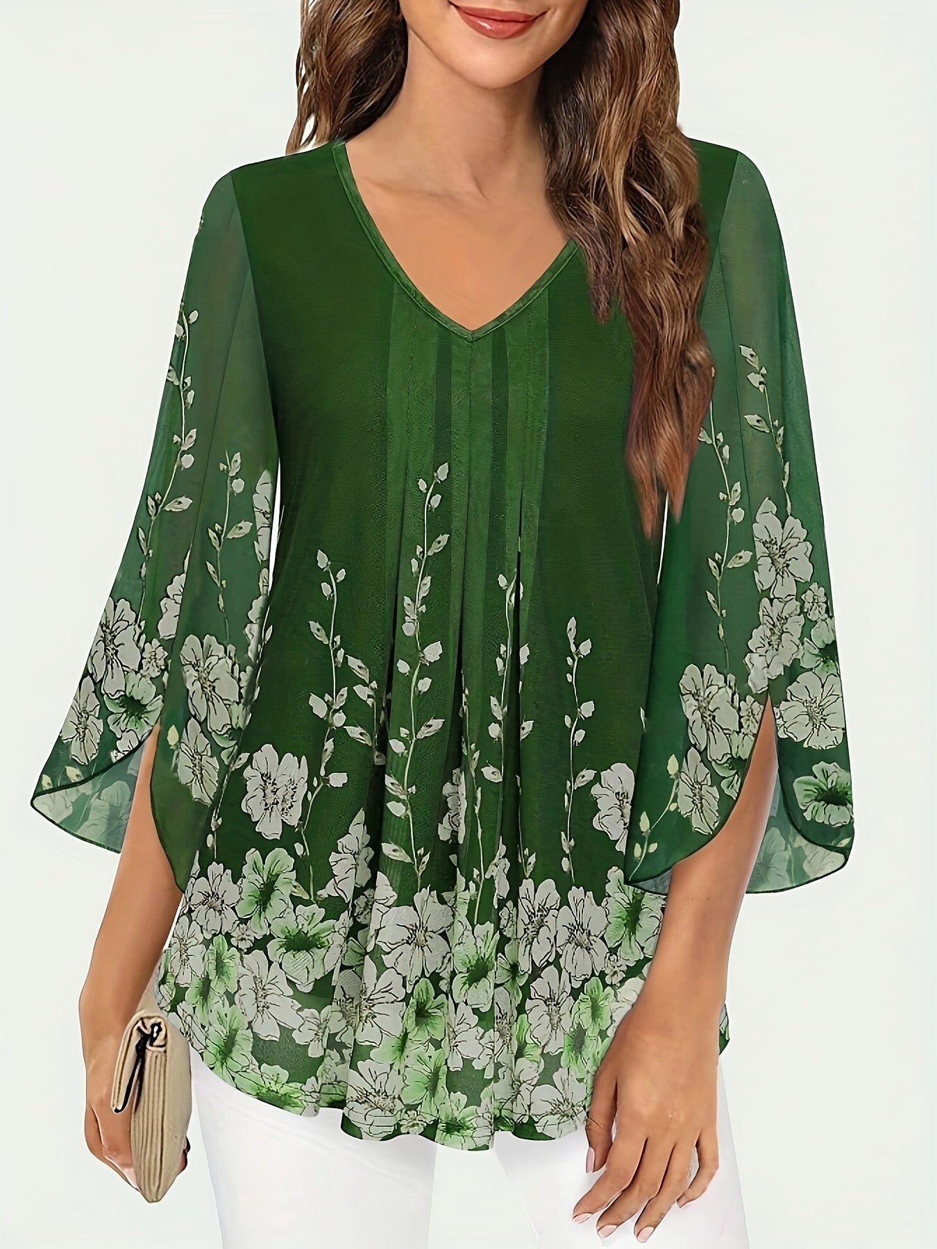 Barbara – Elegant Floral Mesh Blouse with V-Neck