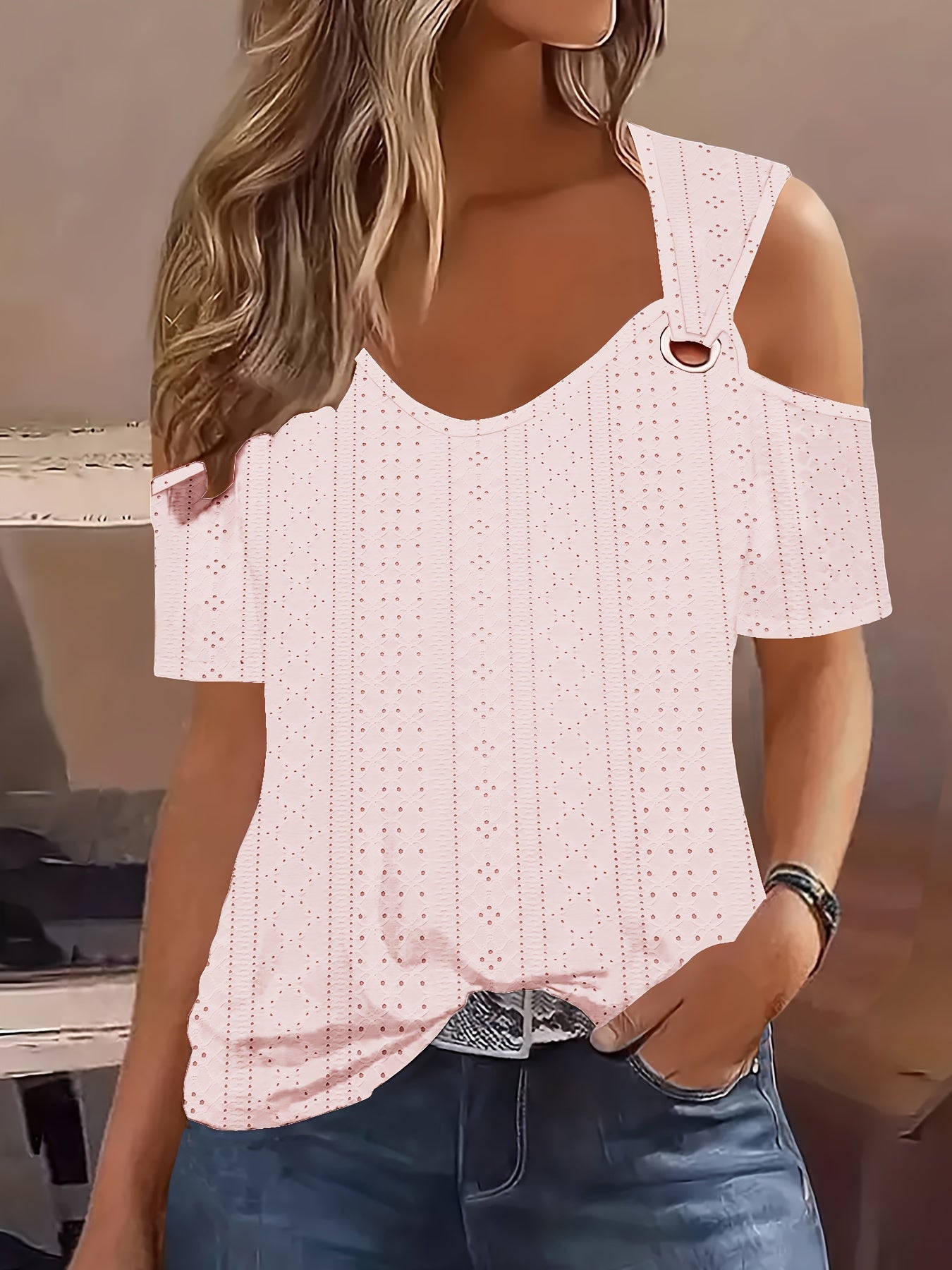 Eleanor - Off Shoulder V-neck Blouse with Eyelet Ring Decor for Women