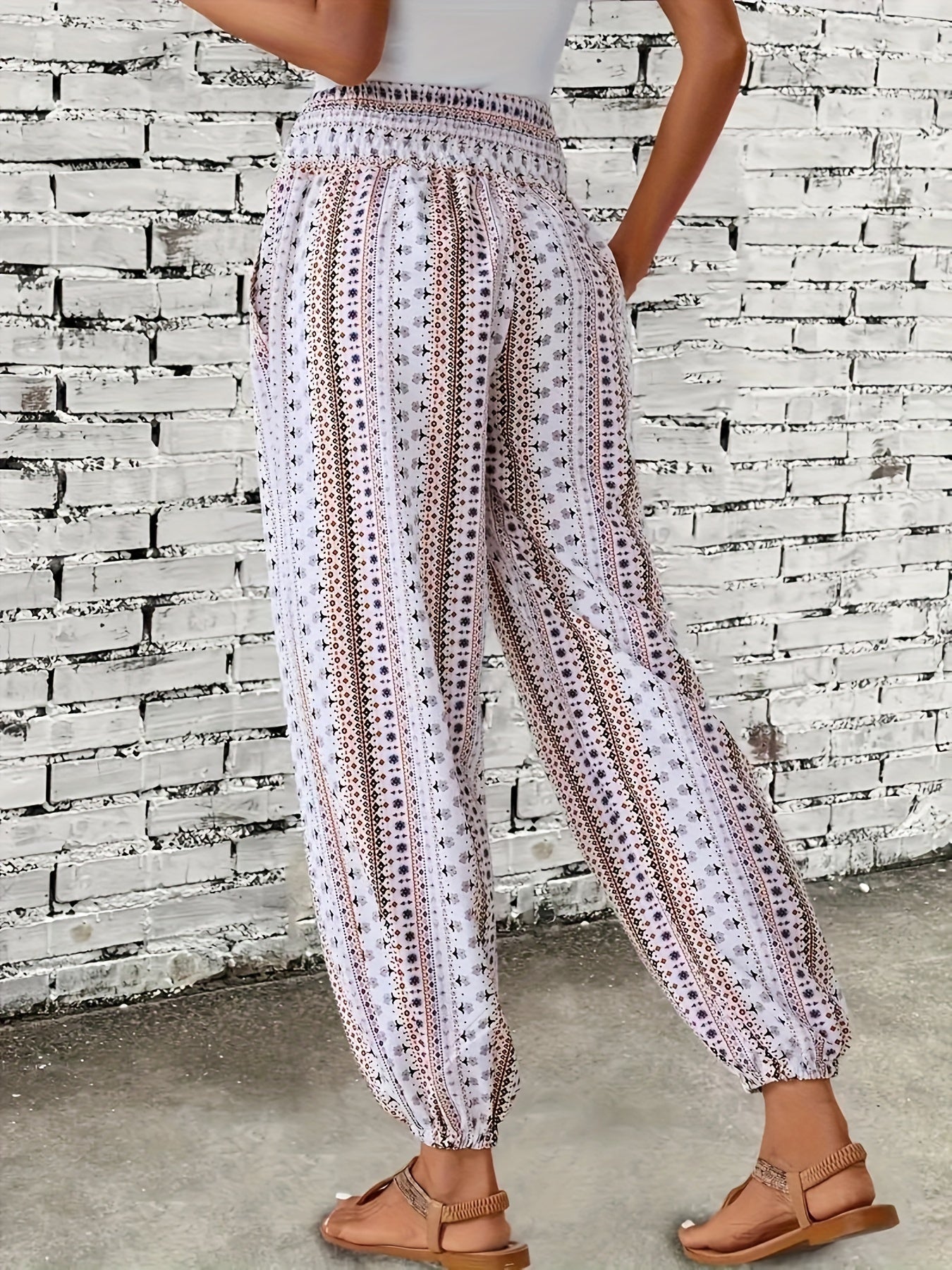 Sophia - High Waist Boho Pants with Tribal Print and Jogger Button Decor for Women