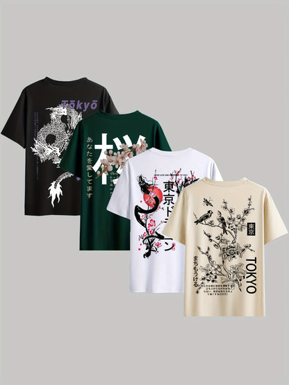 Roland - Casual Short Sleeve T-Shirt with Tokyo Dragon Print for Men