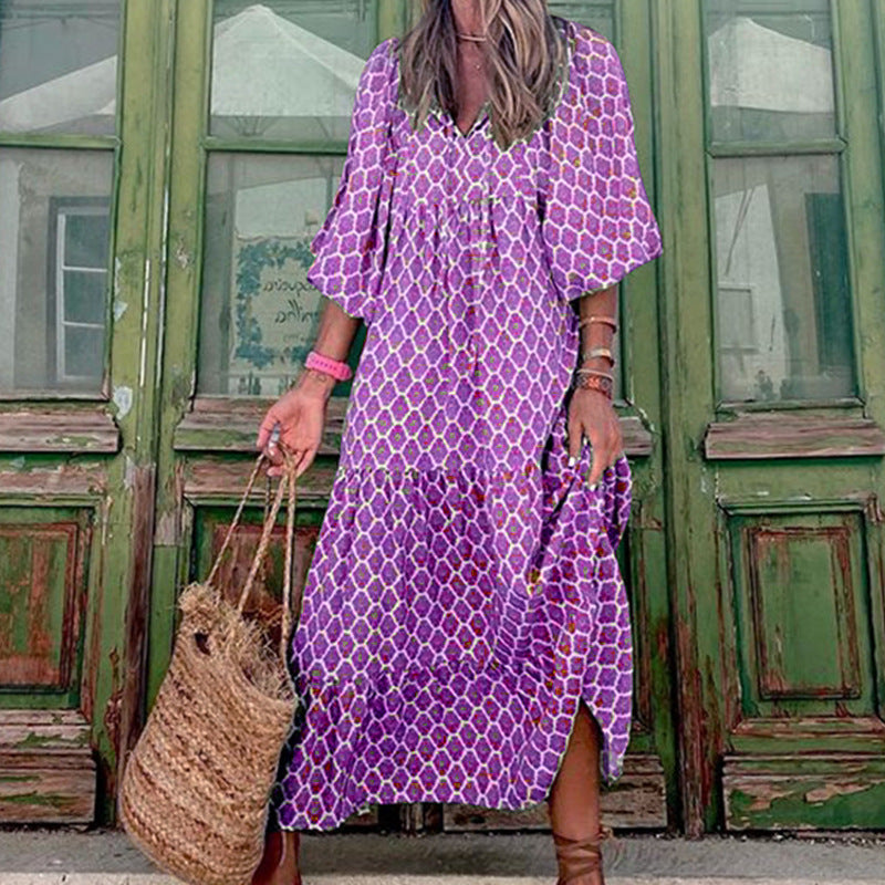 Denise – Vintage Bohemian Printed Dress with V-Neck