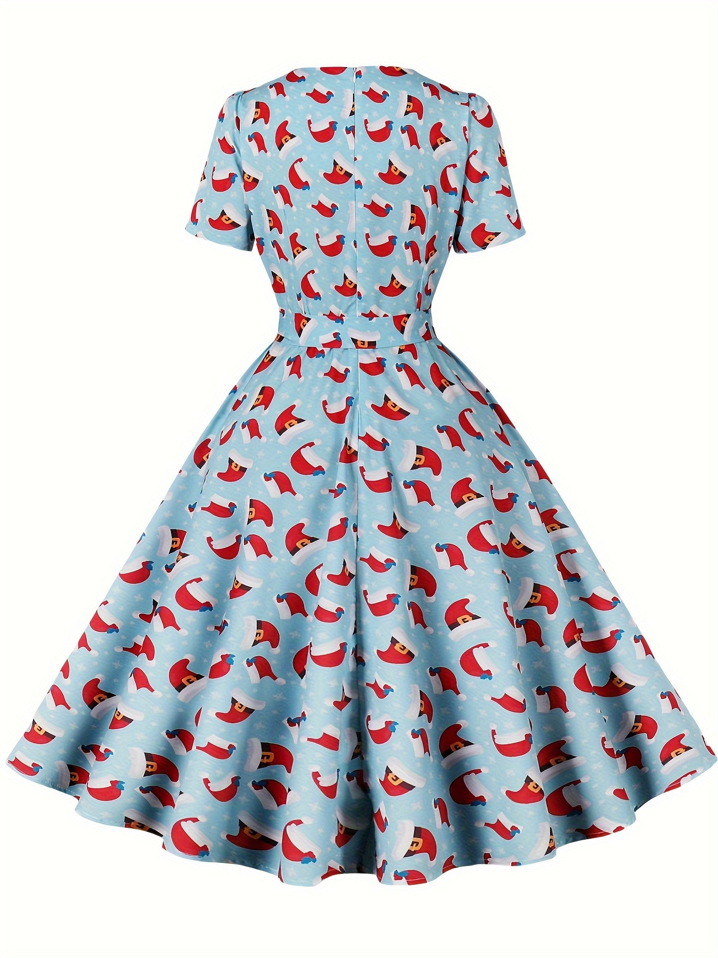 Freya - Vintage A Line Dress with Christmas Santa Print and Squared Neck for Women