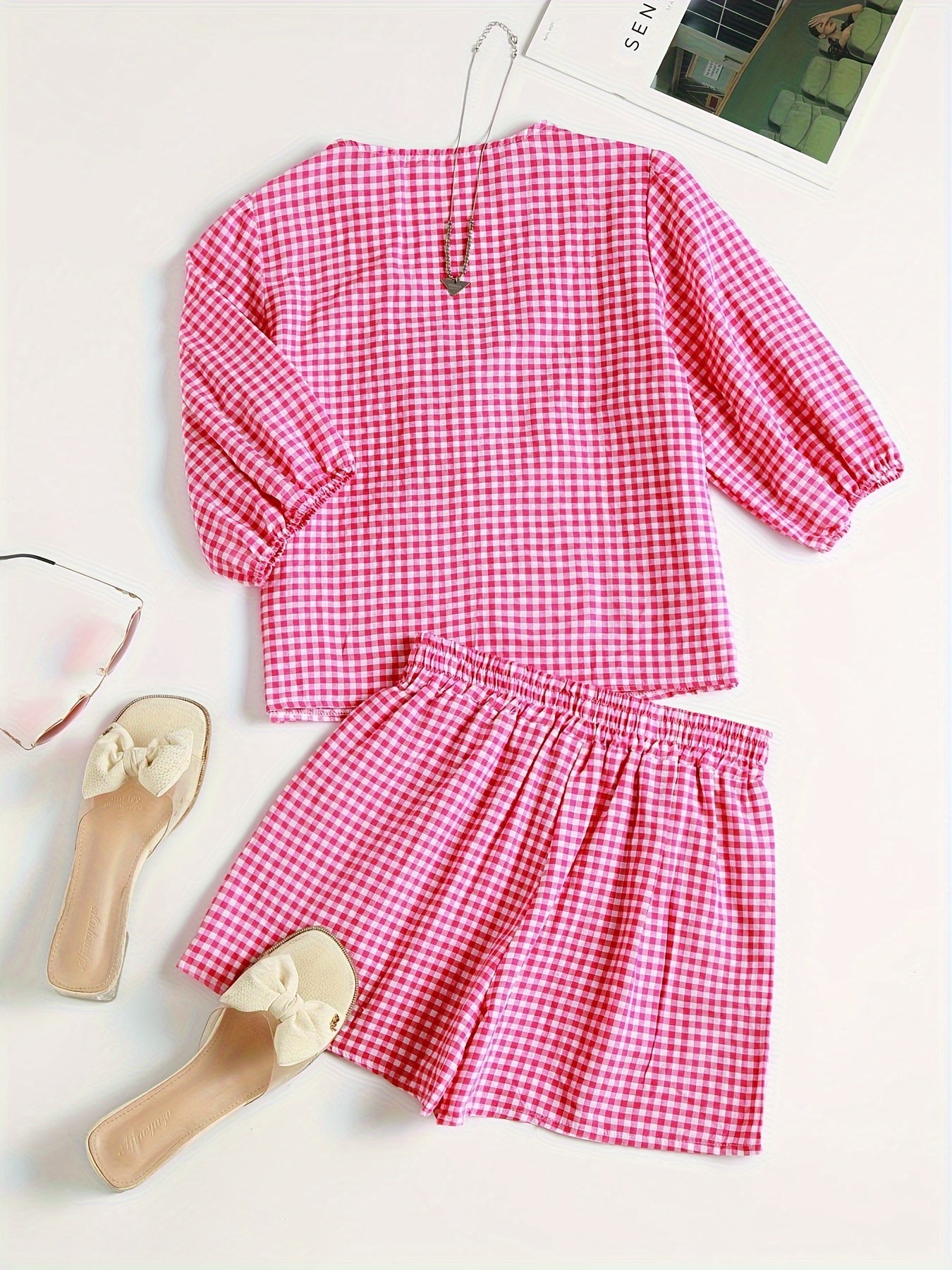 Victoria - Gingham Outfit Set with Tie Front Shirt and Elastic Waist Shorts for Women