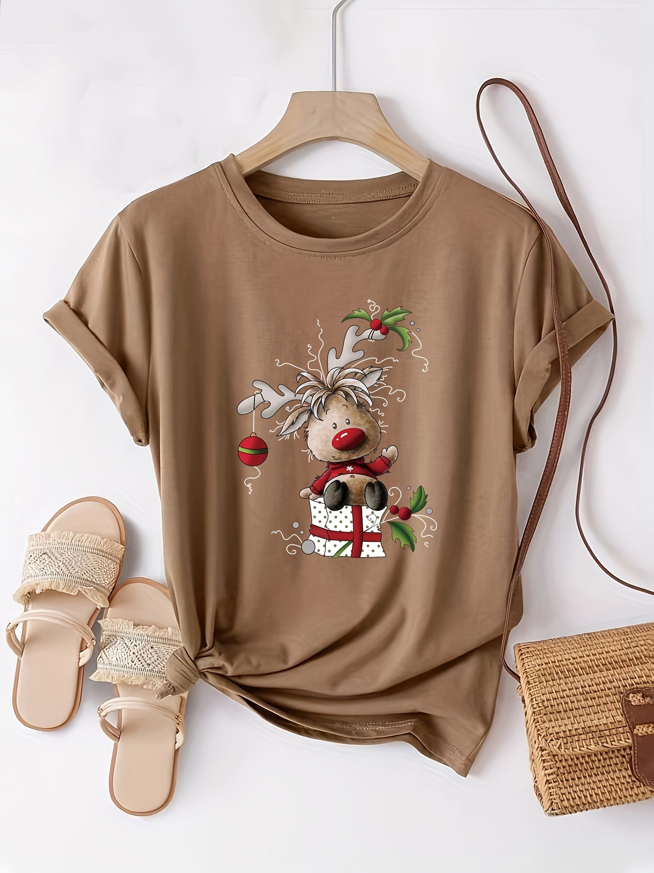 Hanah - Crew Neck T-Shirt with with Christmas Reindeer Print for Women