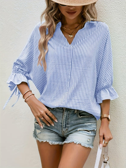 Charlotte - Striped 3/4 Sleeve Blouse with Cross Hem Back for Women