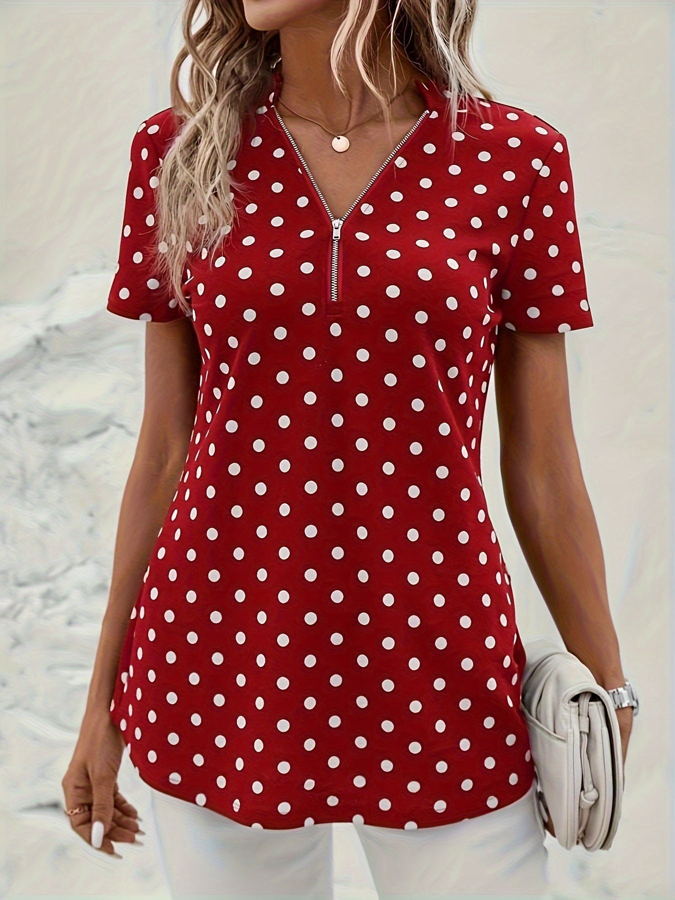 Abigail - Polka Dots Print V Neck Blouse with Zipper Front and Short Sleeve for Women