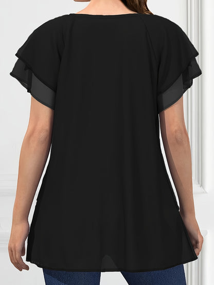 Chanel - Casual Layered Ruffle Sleeve Blouse with Crew Neck for Women