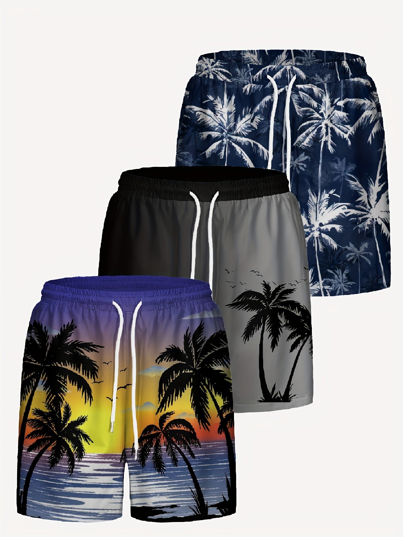 Owen - 3pcs Hawaiian Shorts with Drawstring and Fancy Palm Tree Prints for Men