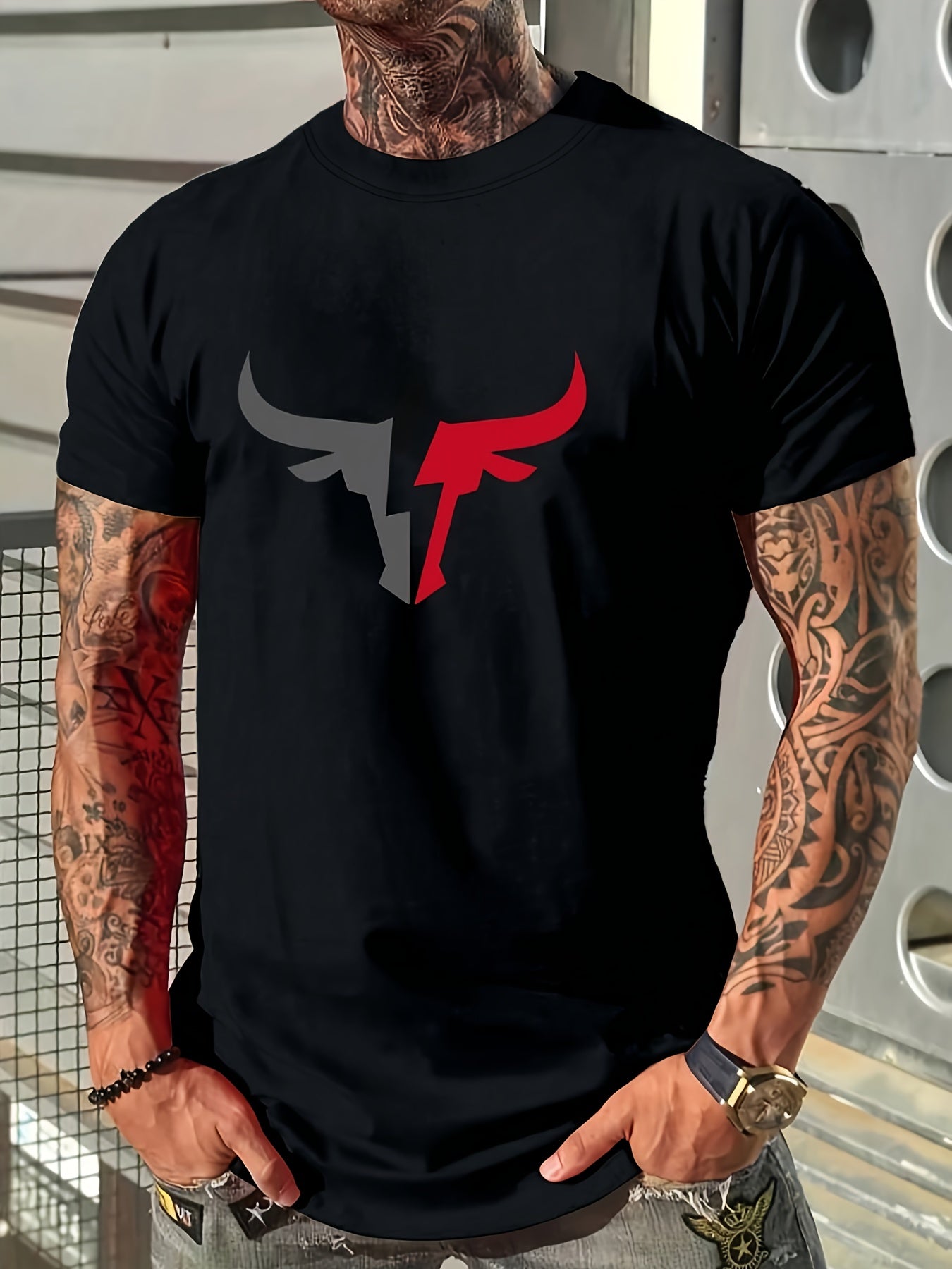 Lincoln - Casual Short Sleeve Crew Neck T-Shirt with Bull Graphic Print for Men