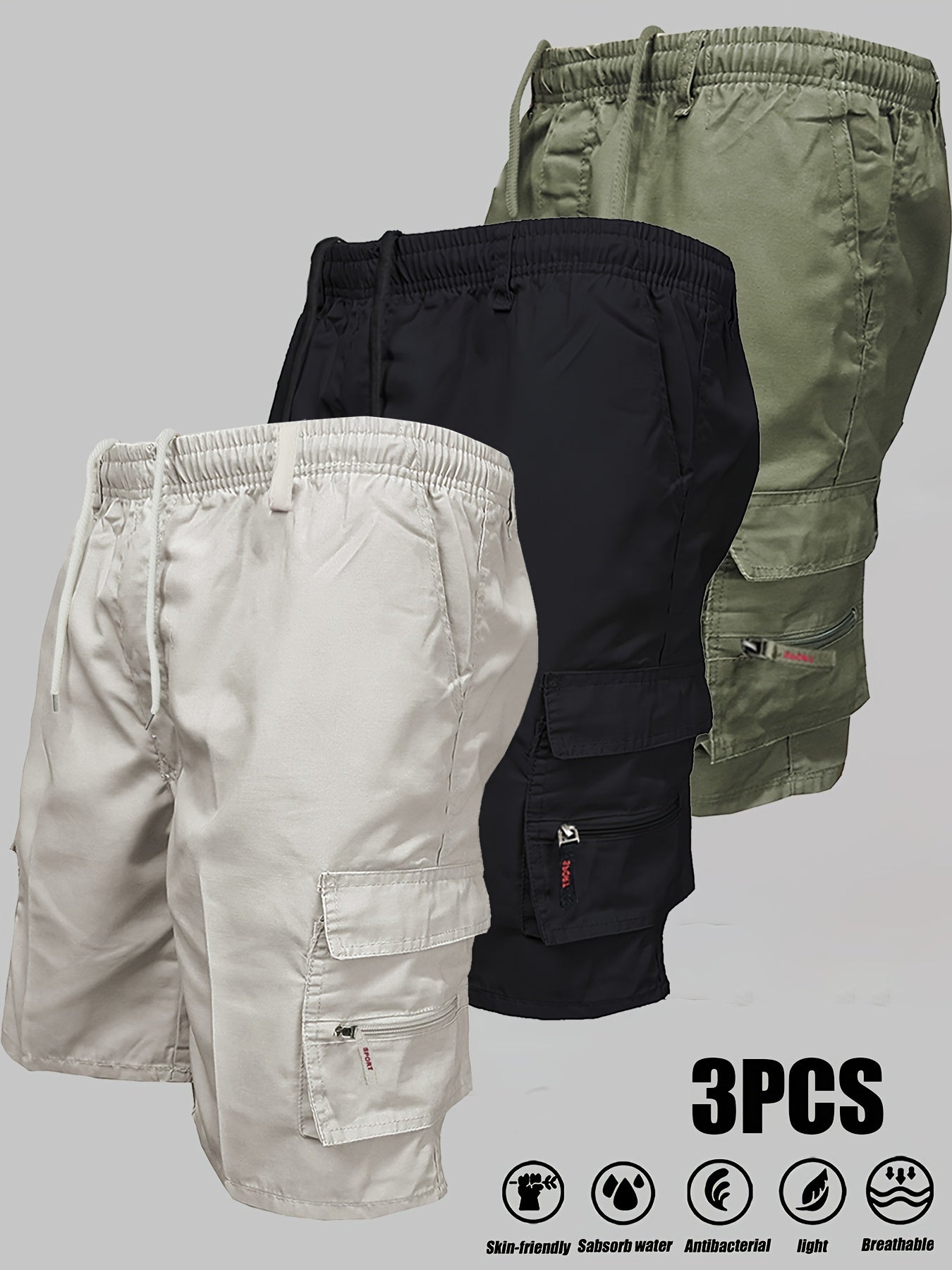 Edward - 3pcs Casual Cargo Shorts with Side Pockets and Loose Fit for Men