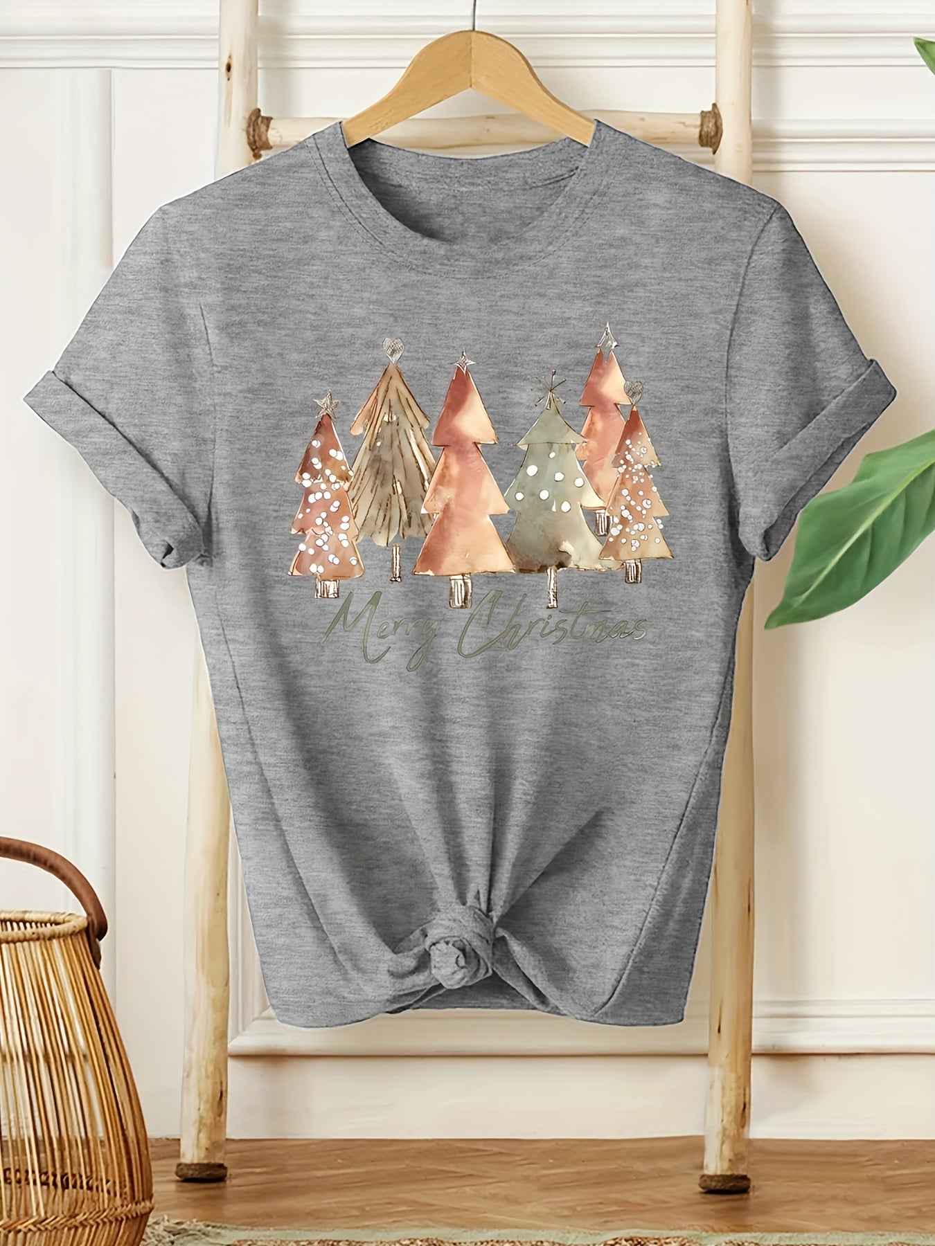 Sarah - Festive Christmas Tree Print Crew Neck T-Shirt