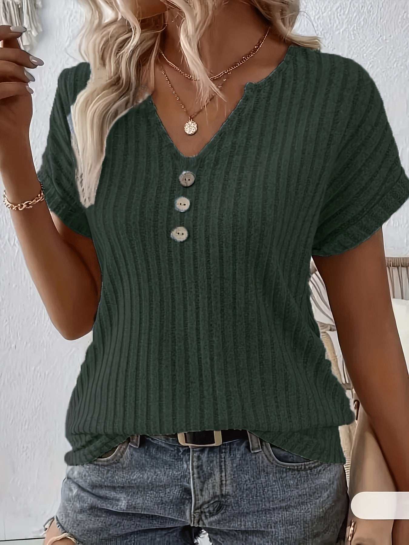 Mikaela - Ribbed Blouse with Short Sleeve and Crew Notched for Women