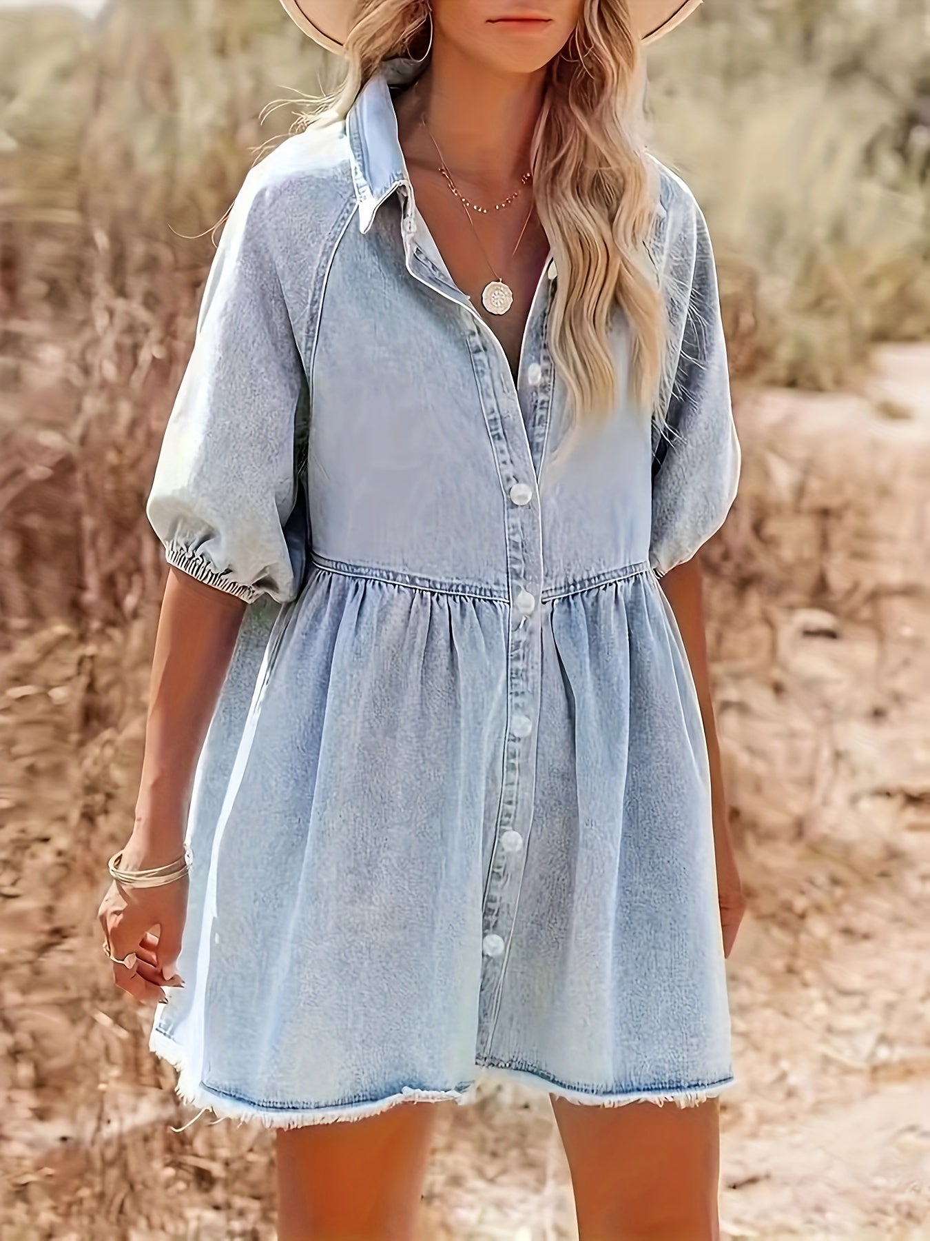 Sienna - Puff Sleeve Button Up Denim Dress with Casual Style Cut for Women