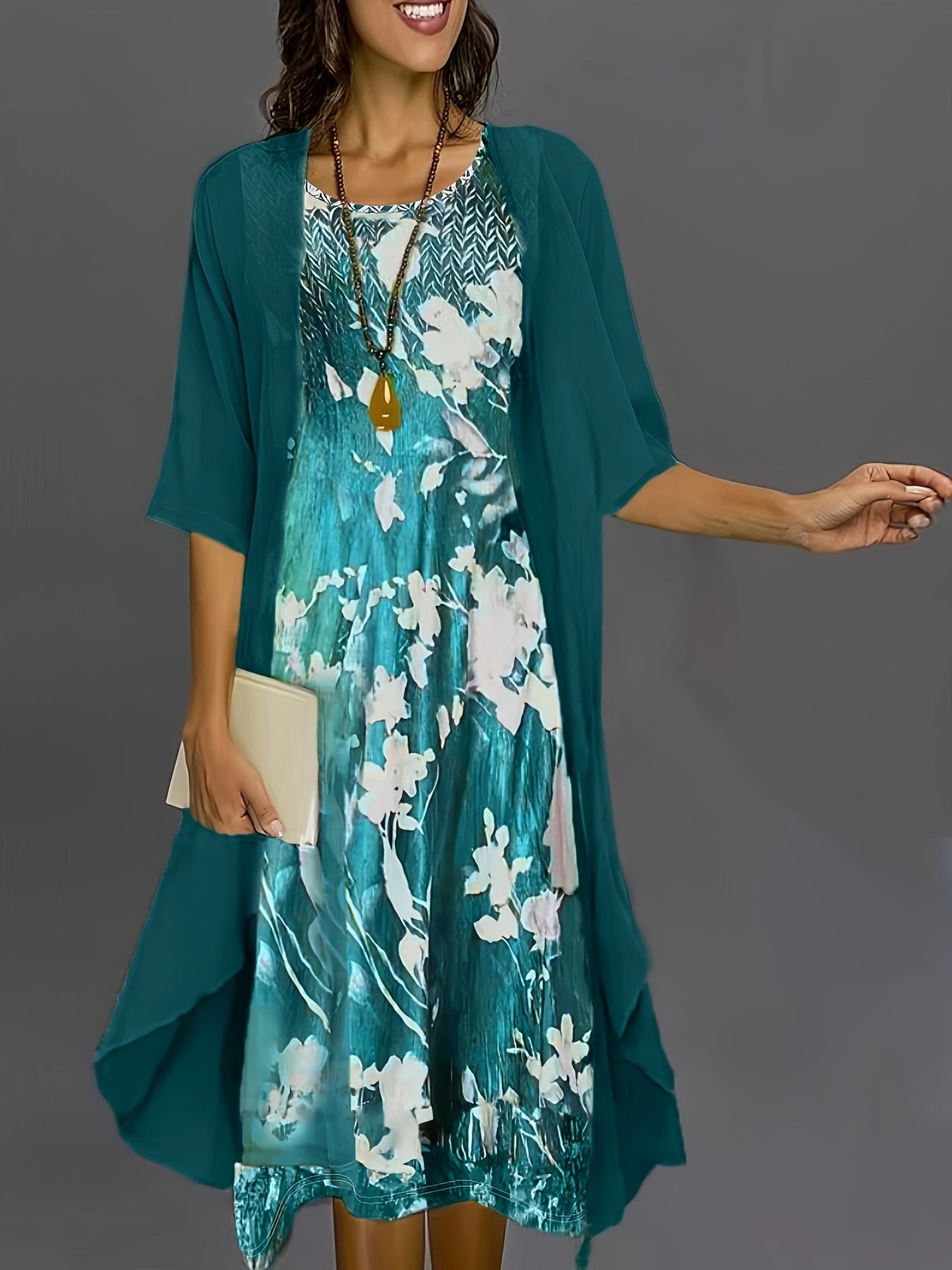 Victoria - Elegant Outfit Set with Open Front Cardigan and Floral Print Tank Dress for Women