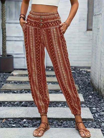 Sophia - High Waist Boho Pants with Tribal Print and Jogger Button Decor for Women