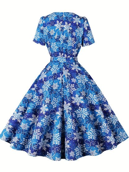 Freya - Vintage A Line Dress with Christmas Santa Print and Squared Neck for Women