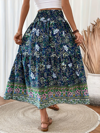 Melanie - Floral Print Shirred Waist Skirt with Ruffle Hem for Women