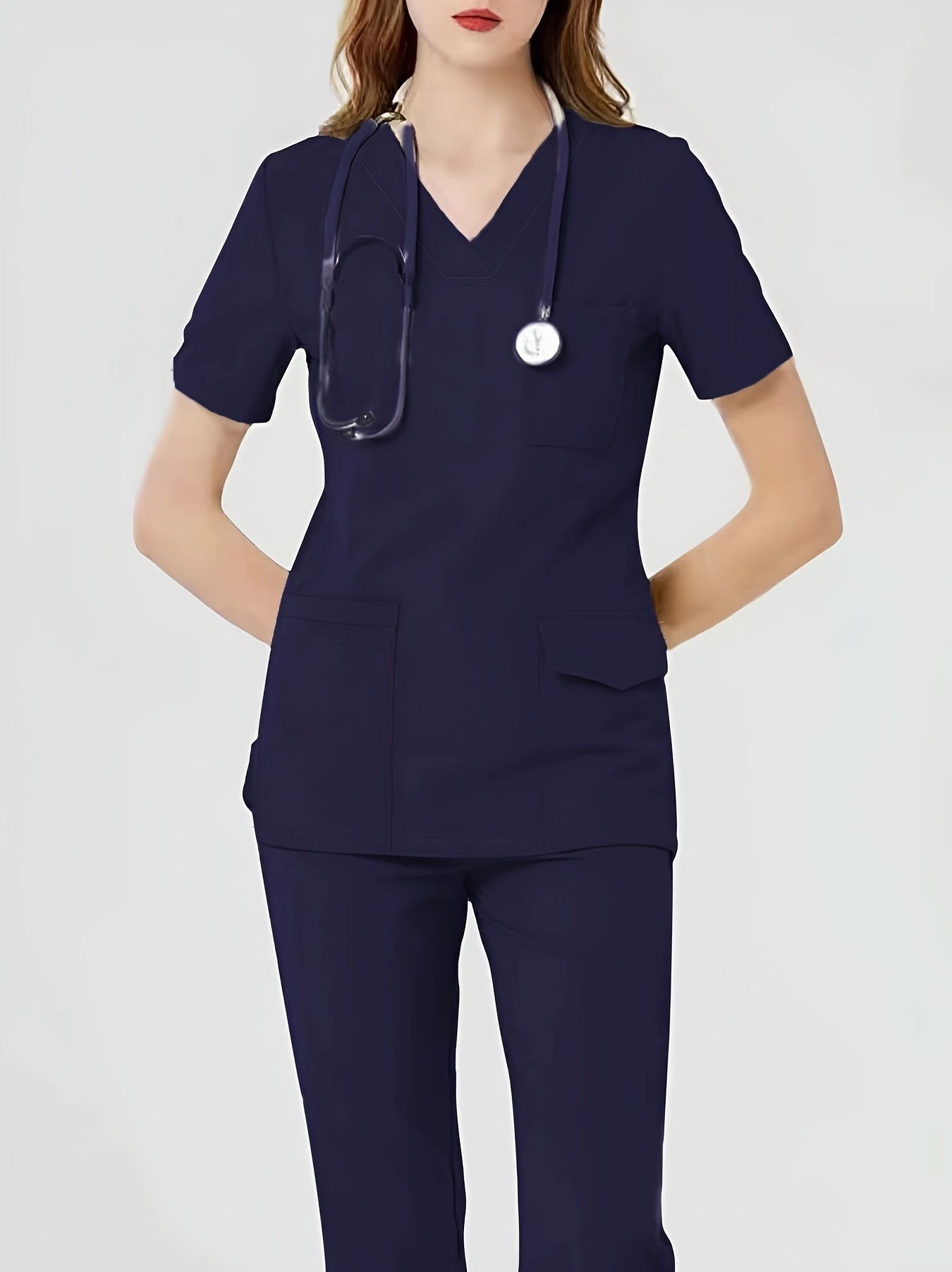 Grace - Health Care Uniform Set with Pockets V-neck Top and Matching Pants for Women