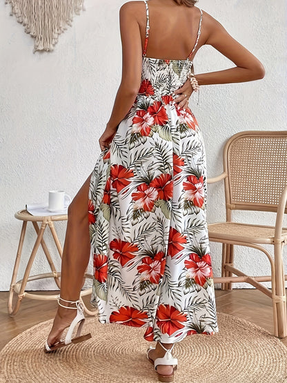 Belinda - Elegant Sleeveless Split Dress with Floral Print and Spaghetti Strap for Women