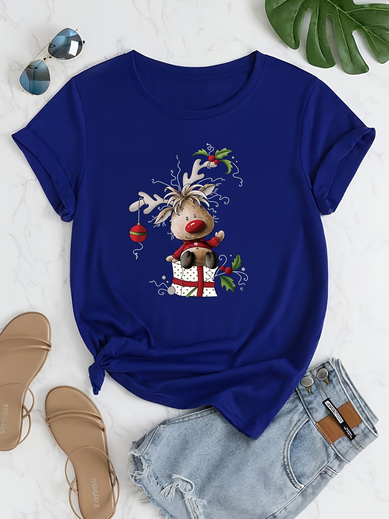 Hanah - Crew Neck T-Shirt with with Christmas Reindeer Print for Women