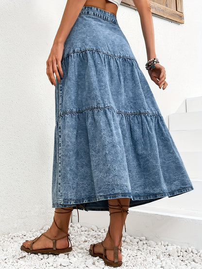 Edith - Midi Denim Skirt with Tiered Layered Ruffle and Split Front for Women