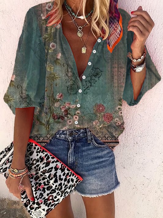 Fiona – Vintage Loose Blouse with Floral Print