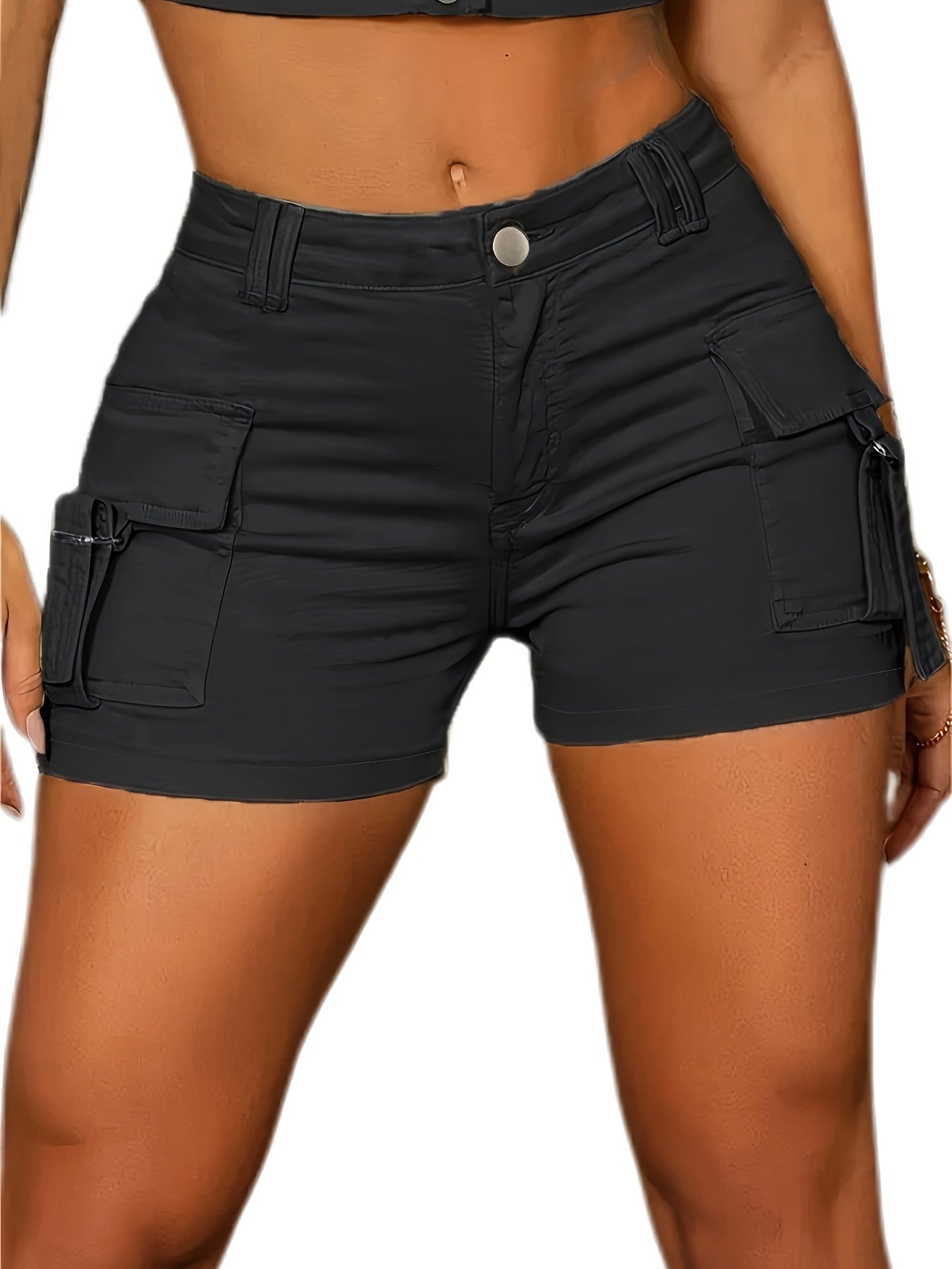 Ruby - Slim Fit Plain Stretchy Denim Cargo Shorts for Women