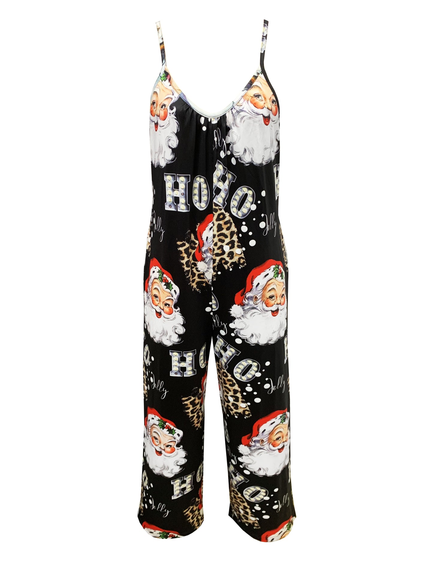 Eleanor - Sleeveless V Neck Jumpsuit with Christmas Santa & Letter Print and Wide Leg for Women