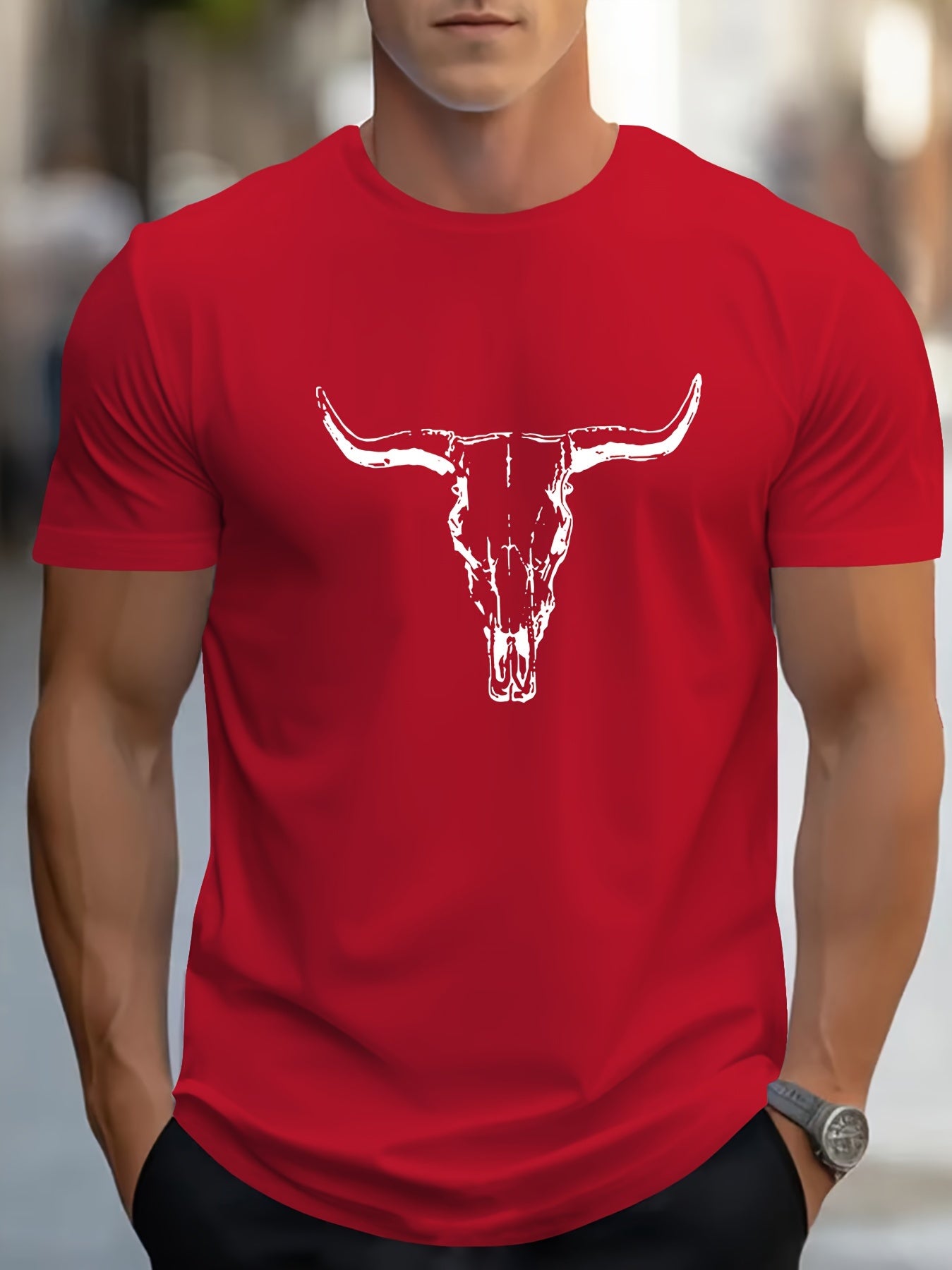 Lucas - Casual T Shirt with Bull Skull Print for Men