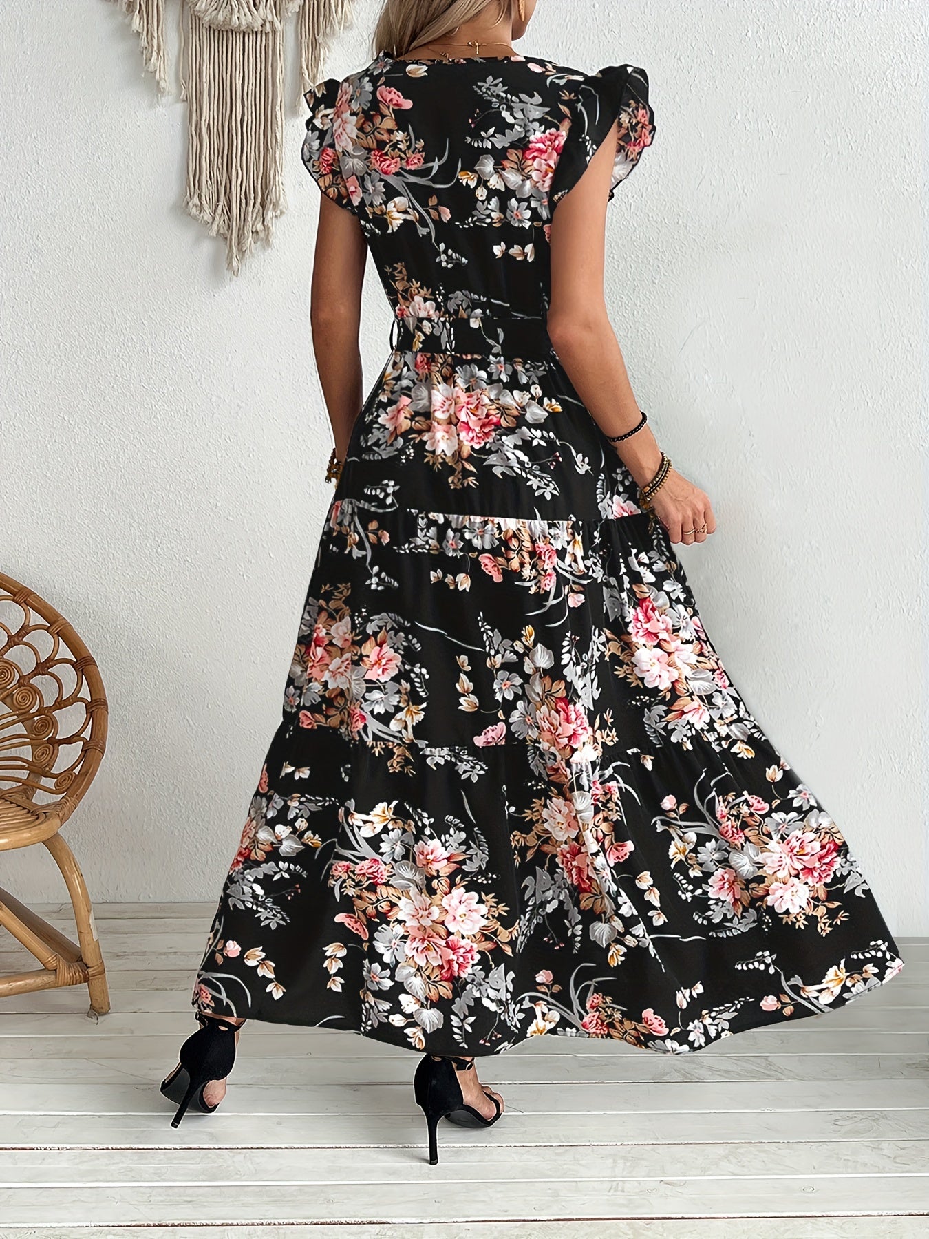 Serenity - Belted Floral Print Swing Maxi Dress with Ruffle Sleeve for Women