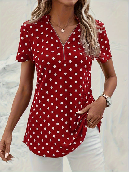 Abigail - Polka Dots Print V Neck Blouse with Zipper Front and Short Sleeve for Women