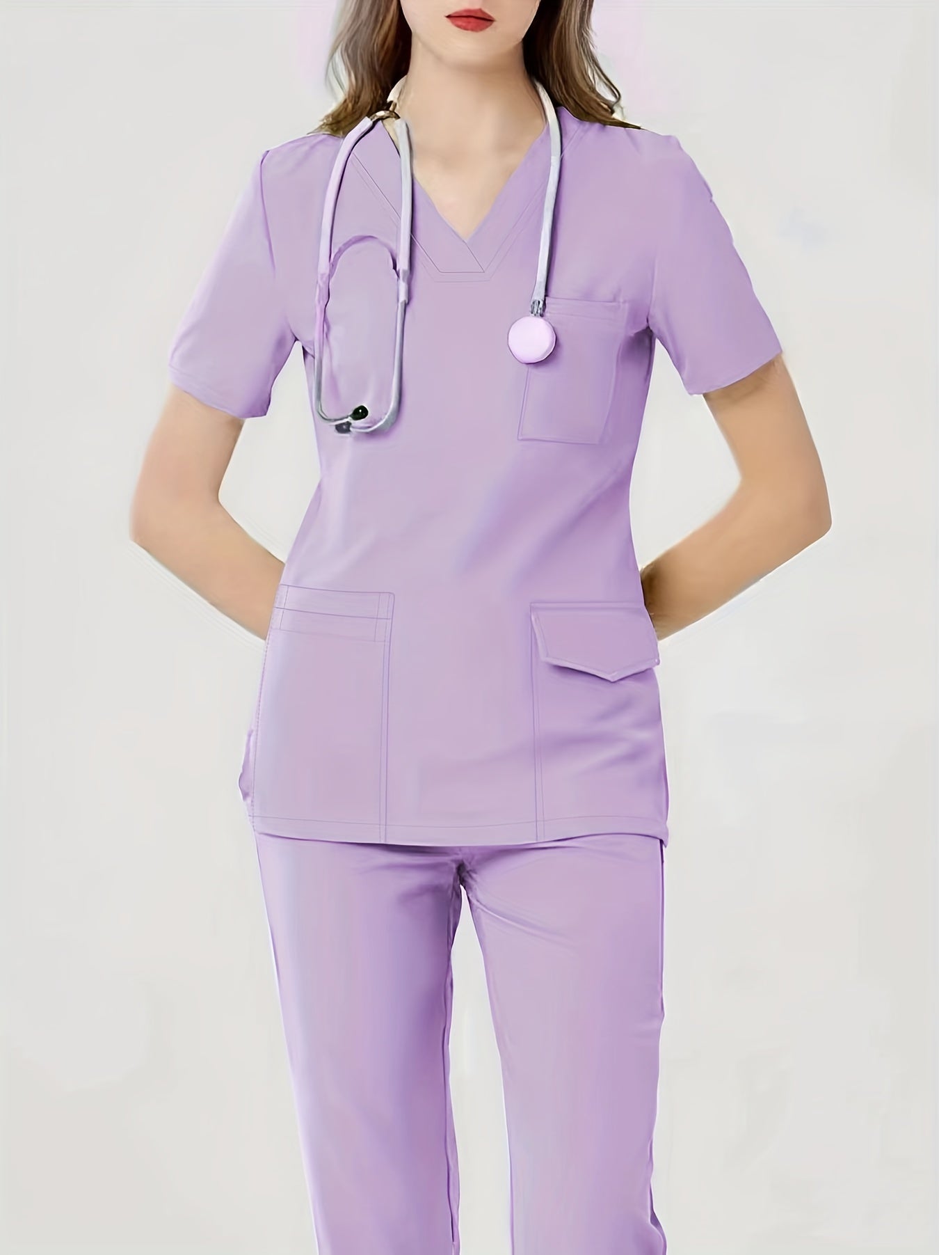 Grace - Health Care Uniform Set with Pockets V-neck Top and Matching Pants for Women