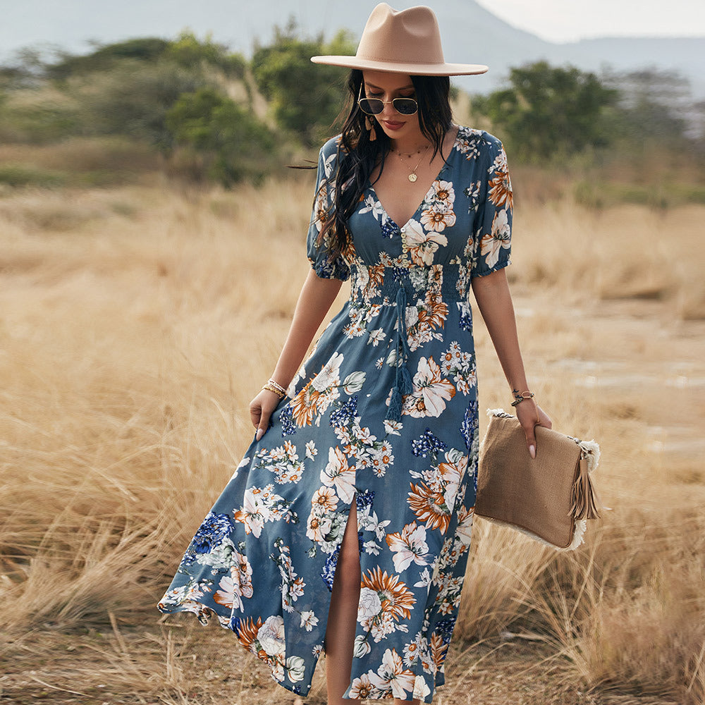 Katie – Floral Summer Beach Dress with V-Neck and Elastic Waist