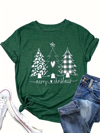 Liza - Casual Crew Neck T-shirt with Christmas Tree Print for Women