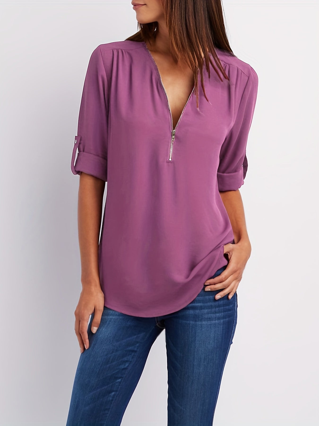 Juliana - Casual Ruched Blouse with Rollable Sleeve and Half Zip for Women