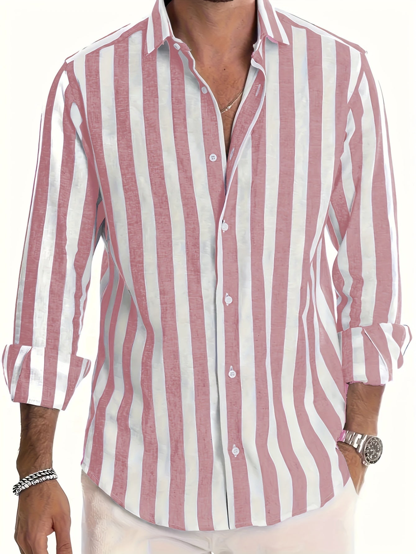 Andrew - Contrast Color Striped Long Sleeve Shirt with Button Up and Single-breasted for Men