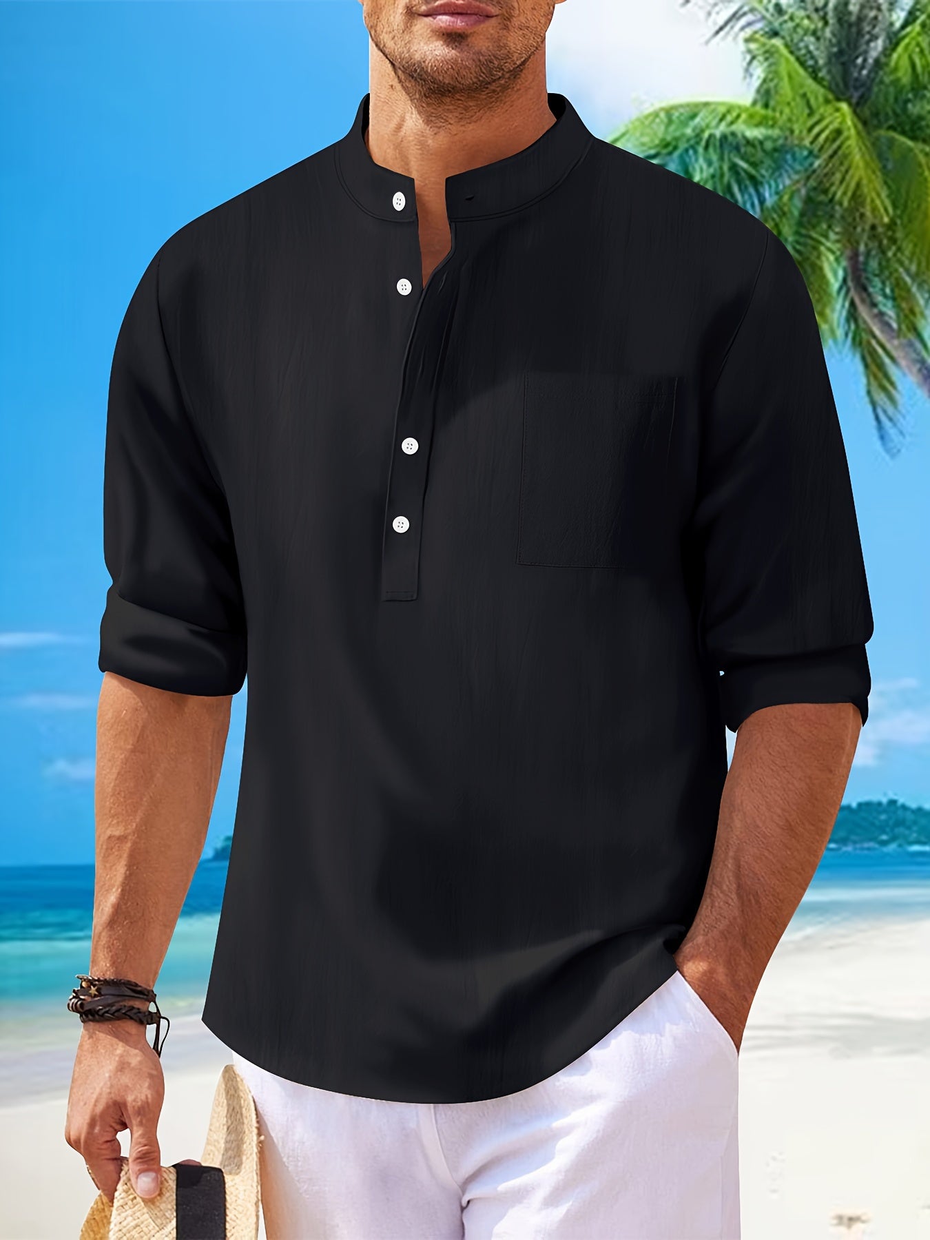 Mason - Henley Shirt with Cotton Linen Blend and Long Sleeve for Men