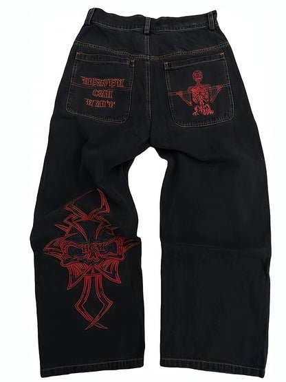 Barrett - Casual Street Style Loose Fit Jeans with Skeleton Embroidery for Men