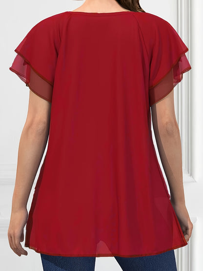 Chanel - Casual Layered Ruffle Sleeve Blouse with Crew Neck for Women